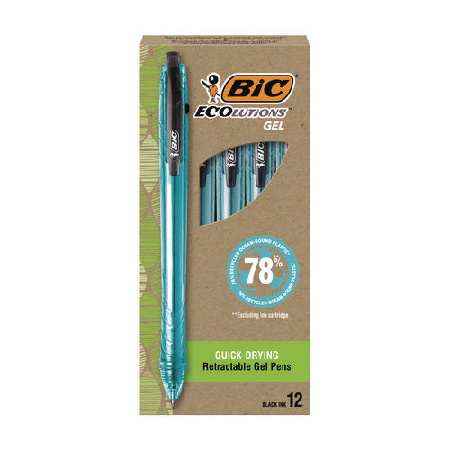 Ecolutions Gel Pen, Retractable, Medium 1 Mm, Black Ink, Blue Barrel, 12/pack