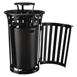 Outdoor Slatted Steel Trash Can, With Access Door And Rain Bonnet Lid, 36 Gal, Black, Ships In 1-3 Business Days