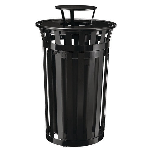 Outdoor Slatted Steel Trash Can, With Access Door And Rain Bonnet Lid, 36 Gal, Black, Ships In 1-3 Business Days
