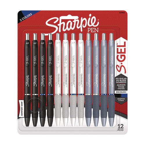 S-gel Gel Pen, Retractable, Medium 0.7 Mm, Black; Blue Ink, Black; Gray; White Barrels, 12/pack