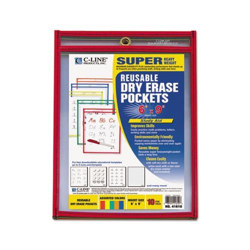 Reusable Dry Erase Pockets, 6 X 9, Assorted Primary Colors, 10-pack