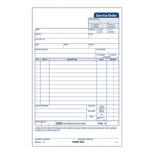 Work Order Form, Three-part Carbonless, 5.66 X 9, 250 Sets/pack