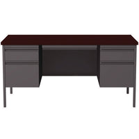 Double Pedestal Steel Desk, 60" X 30" X 29.5", Mahogany/charcoal, Charcoal Legs