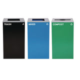 29 Gallon Trash/recycling Cans, Steel, Blue Mixed Recycling And Black Trash Cans W/square Lids, Green Compost Can W/mixed Lid
