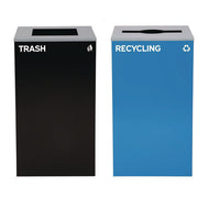 29 Gallon Trash/recycling Cans, Steel, Blue Recycling With Mixed Lid, Black Trash Can With Square Lid