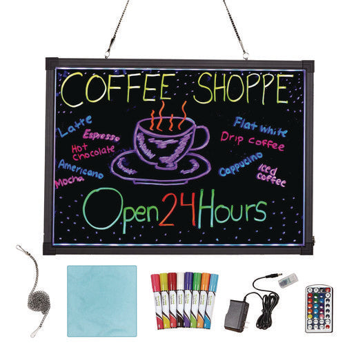 Led Illuminated Hanging Message Writing Board, 19.7" X 27.6", Black Surface, Black Aluminum Frame