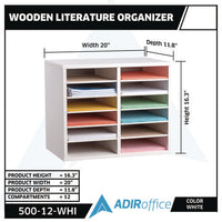 Wood Adjustable 12 Compartment Literature Organizer, 12 Sections, Letter Size, 20 X 11.8 X 16.3, White