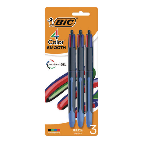 4-color Smooth Multi-color Ballpoint Pen, Retractable, Medium 1 Mm, Black/blue/green/red Ink, Black/blue Barrel, 3/pack