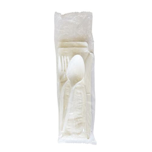Four-piece Cutlery Kit, Fork/knife/napkin/teaspoon, Mediumweight, White, 250/carton