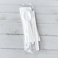 Four-piece Cutlery Kit, Fork/knife/napkin/teaspoon, Mediumweight, Polystyrene, White, 250/carton