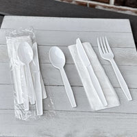 Four-piece Cutlery Kit, Fork/knife/napkin/teaspoon, Mediumweight, Polystyrene, White, 250/carton