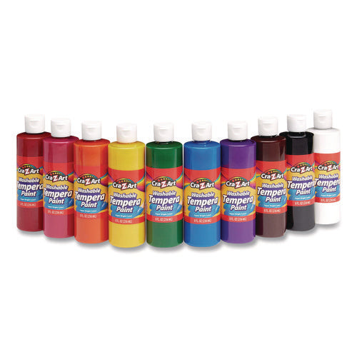 Washable Tempera Paint, 10 Assorted Colors, 8 Oz Bottle, 10/pack