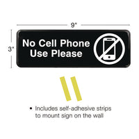 No Cell Phone Use Please Indoor/outdoor Wall Sign, 9 X 3, Black Face, White Graphics, 3/pack