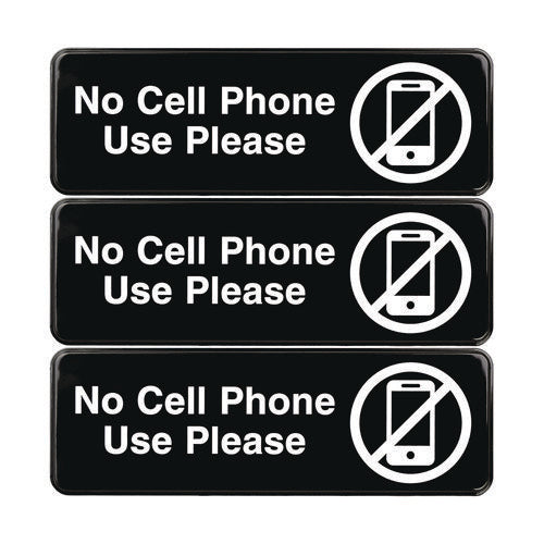 No Cell Phone Use Please Indoor/outdoor Wall Sign, 9 X 3, Black Face, White Graphics, 3/pack