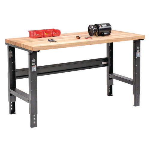 Standard Duty Butcher Block Top Adj Height Workbench, 2,000 Lbs, 60 X 30 X 30.88 To 36.88, Black