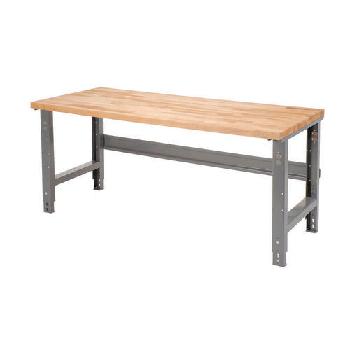 Standard Duty Butcher Block Top Adj Height Workbench, 2,000 Lbs, 72 X 36 X 30.88 To 36.88, Maple/gray