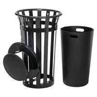 Outdoor Slatted Steel Trash Can, Rain Bonnet Lid, 24 Gal, Black