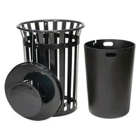 Outdoor Slatted Steel Trash Can, Rain Bonnet Lid, 36 Gal, Black, Ships In 1-3 Business Days