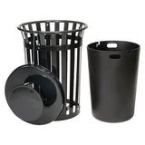 Outdoor Slatted Steel Trash Can, Rain Bonnet Lid, 36 Gal, Black, Ships In 1-3 Business Days