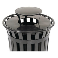 Outdoor Slatted Steel Trash Can, Rain Bonnet Lid, 36 Gal, Black, Ships In 1-3 Business Days