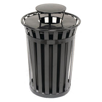 Outdoor Slatted Steel Trash Can, Rain Bonnet Lid, 36 Gal, Black, Ships In 1-3 Business Days