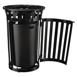 Outdoor Slatted Steel Trash Can, With Access Door, 36 Gal, Steel Black, Ships In 1-3 Business Days