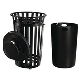 Outdoor Slatted Steel Trash Can, With Access Door And Rain Bonnet Lid, 36 Gal, Black, Ships In 1-3 Business Days