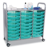 Callero Plus Shield Treble Trolley Set 03, Antimicrobial, Metal, 24 F1 Shallow Bins, 40.6" X 17.3" X 41.5", Silver/trans Kiwi