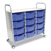 Callero Plus Treble Column Trolley Set 13, Metal, 1 Shelf, 12 F2 Deep Bins, 40.6" X 17.3" X 41.5", Silver/royal Blue