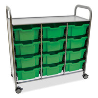 Callero Plus Treble Column Trolley Set 13, Metal, 1 Shelf, 12 F2 Deep Bins, 40.6" X 17.3" X 41.5", Silver/grass Green