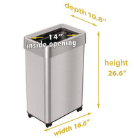 Open Top Trash Can With Wheels, Rectangular, 16 Gal, Plastic/stainless Steel, Silver