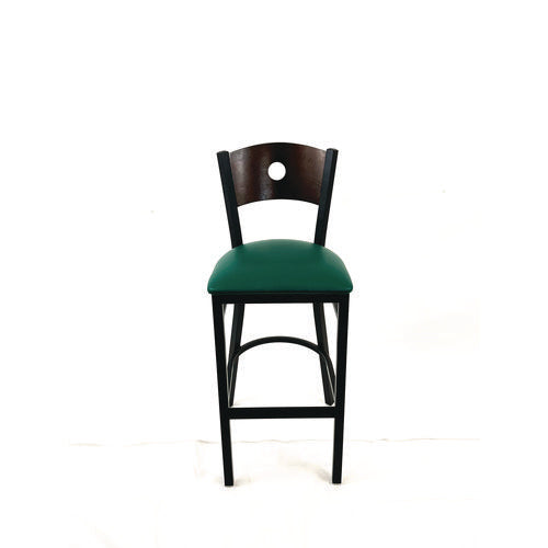 Circle Series Barstool, Supports Up To 300 Lb, 28.5" Seat Height, Green Seat, Dark Walnut Back, Black Base