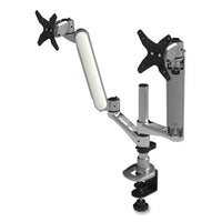 Multi-directional Dual Monitor Arm, For 30" Monitors, 360 Deg Rotation, 105 Deg Tilt, 360 Deg Pan, Silver/wh, Supports 20 Lbs