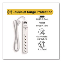 6-outlet Plus Usb Surge Protector, 6 Ac Outlets/2 Usb Outlets, 4 Ft Cord, 1,500 J, White