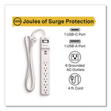 6-outlet Plus Usb Surge Protector, 6 Ac Outlets/2 Usb Outlets, 4 Ft Cord, 1,500 J, White