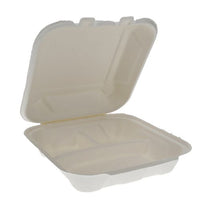 Earthchoice Pfas Free Compostable Hinged Lid Container, 3-compartment, 8 X 8 X 3, Natural, Sugarcane, 150/carton