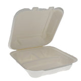 Earthchoice Pfas Free Compostable Hinged Lid Container, 3-compartment, 8 X 8 X 3, Natural, Sugarcane, 150/carton
