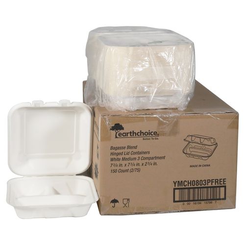 Earthchoice Pfas Free Compostable Hinged Lid Container, 3-compartment, 8 X 8 X 3, Natural, Sugarcane, 150/carton