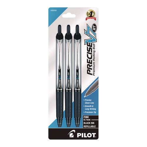 Precise V7rt Roller Ball Pen, Retractable, Fine 0.7 Mm, Black Ink And Barrel, 3/pack