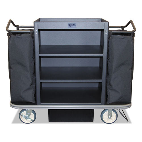 Deluxe Housekeeping Cart, Plastic, 4 Shelves, 2 Bins, 55" X 47" X 47", Black