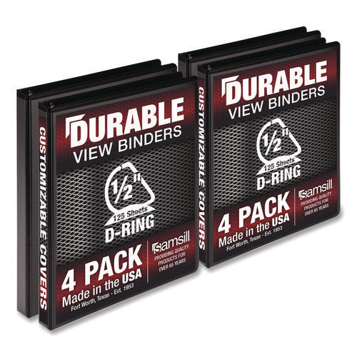 Durable D-ring View Binders, 3 Rings, 0.5" Capacity, 11.5" X 8.5", Black, 4/pack