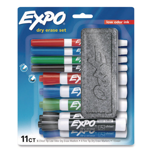 Low-odor, Dry Erase 10-color Marker And Eraser Set, Broad Chisel/fine Bullet Tips, Assorted Colors, 11 Pieces/set