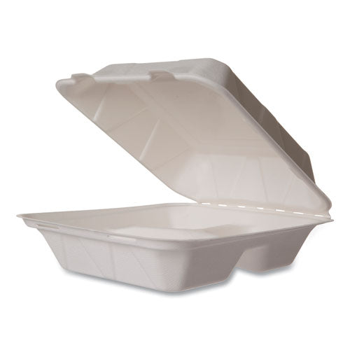 Nourish Molded Fiber Takeout Containers, Compostable, 3 Compartments, 7.9 X 7.9 X 2.9, White, Sugarcane, 200/carton