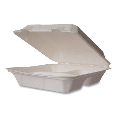 Nourish Molded Fiber Takeout Containers, Compostable, 3 Compartments, 5 X 9 X 2, White, Sugarcane, 200/carton