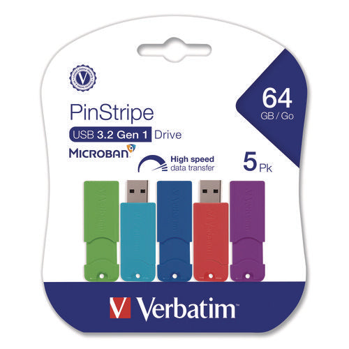 Pinstripe Usb 3.2 Flash Drive, 64 Gb, Assorted Colors, 5/pack