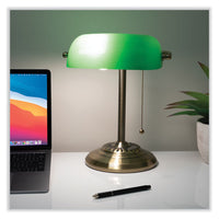 Led Bankers Lamp With Green Shade, Cable Suspension Neck, 13.5" High, Antique Brass, Ships In 4-6 Business Days