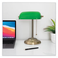 Led Bankers Lamp With Green Shade, Cable Suspension Neck, 13.5" High, Antique Brass, Ships In 4-6 Business Days