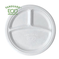 Vanguard Renewable And Compostable Sugarcane Plates, 3 Compartment, 10", White, 500-carton