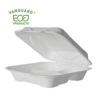 Vanguard Renewable And Compostable Sugarcane Clamshells, 3-compartment, 9 X 9 X 3, White, 200-carton