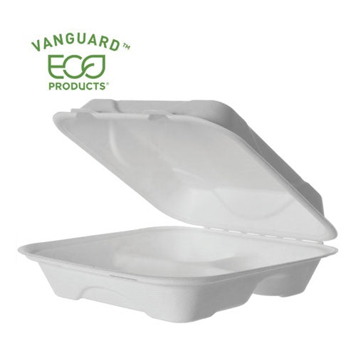 Vanguard Renewable And Compostable Sugarcane Clamshells, 3-compartment, 9 X 9 X 3, White, 200-carton